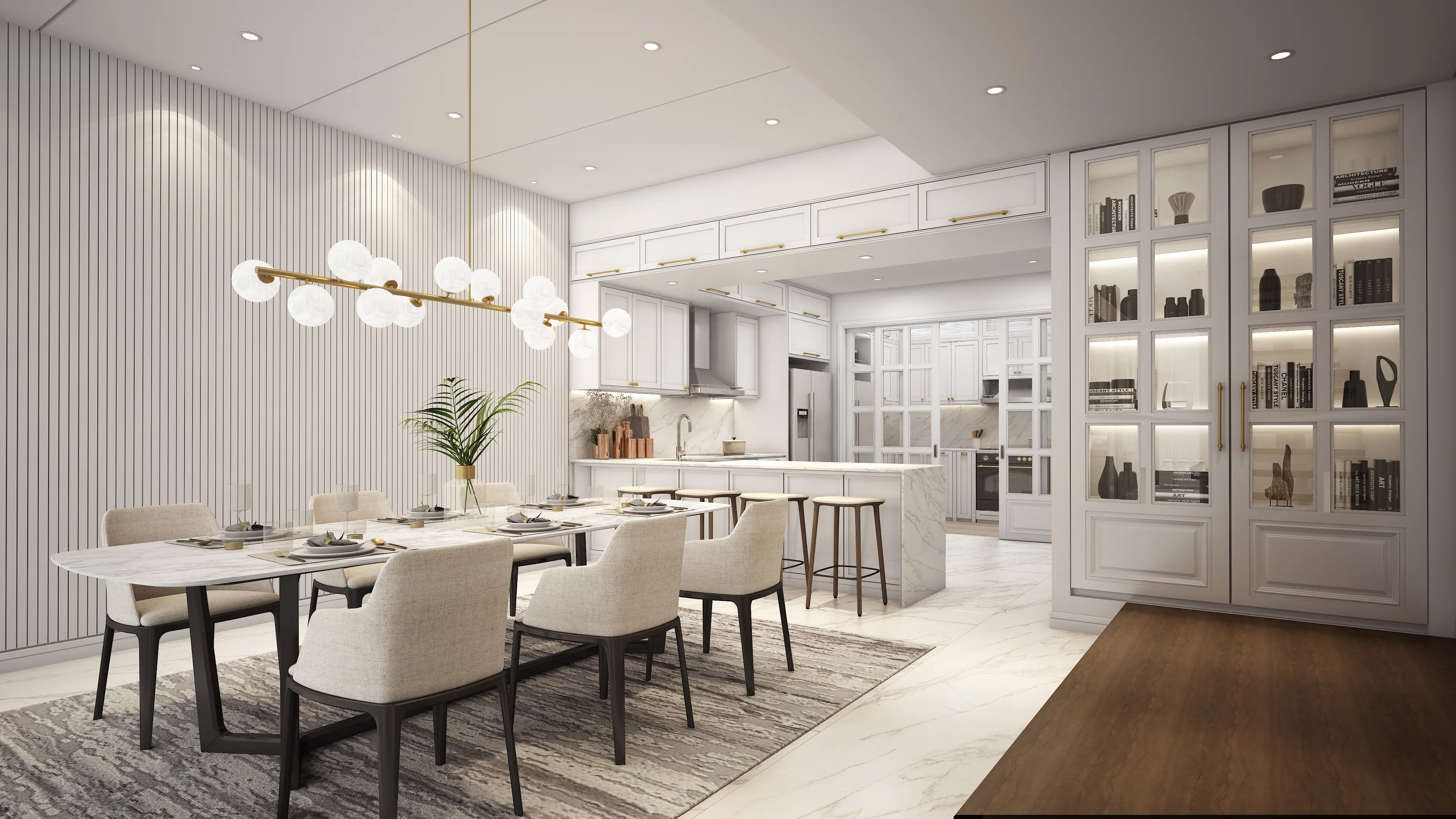 White fluted-panel dining room with brass globe chandelier and marble island kitchen behind