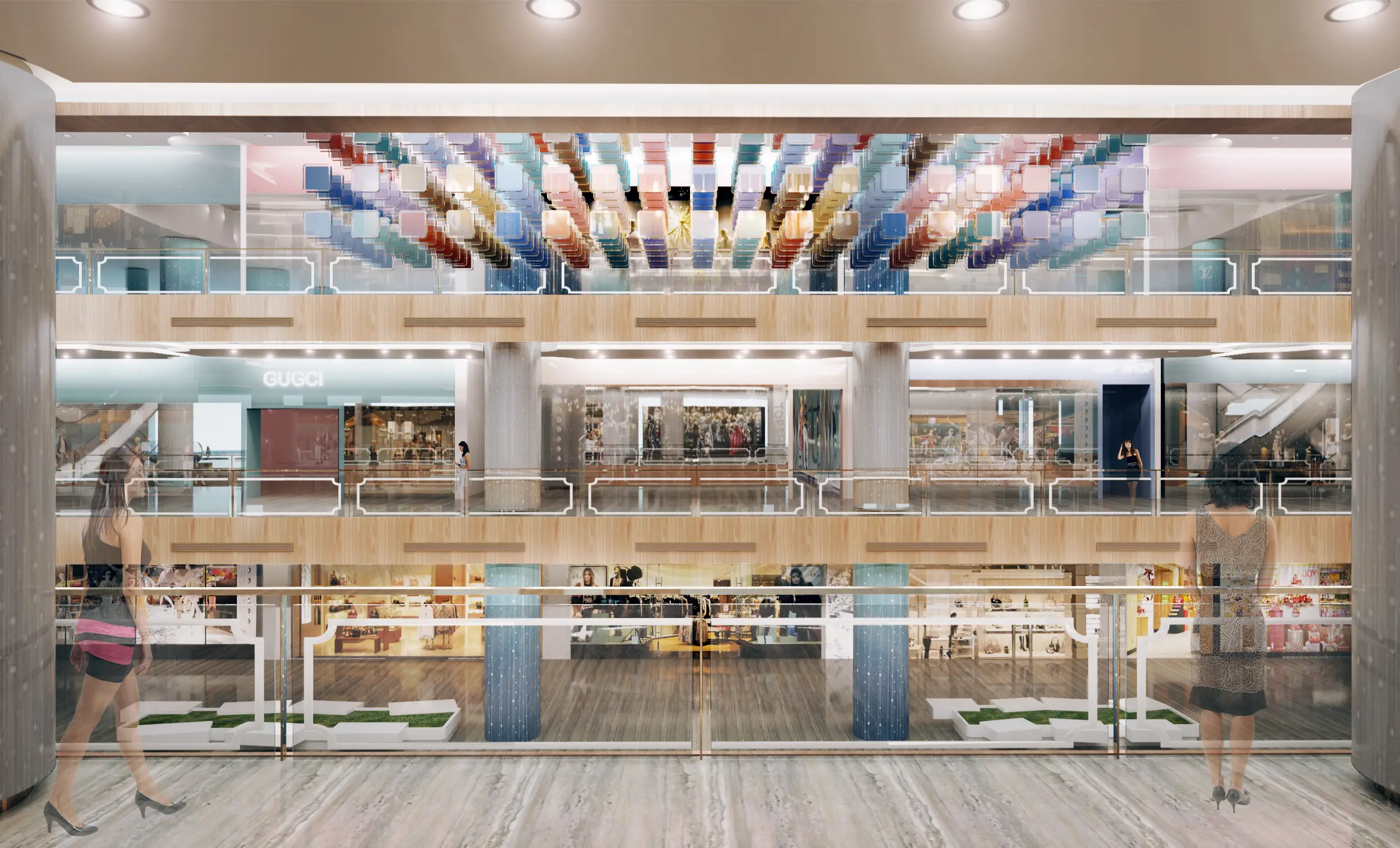 Multi-level mall void with pastel tiled ceiling feature, timber balustrades and glazed shopfronts