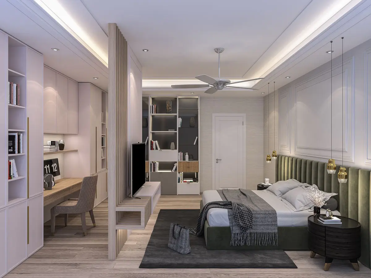 Bedroom with a green upholstered bed, built-in desk and open shelving