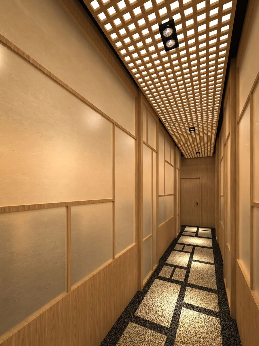 Corridor with a timber lattice ceiling and terrazzo-style flooring