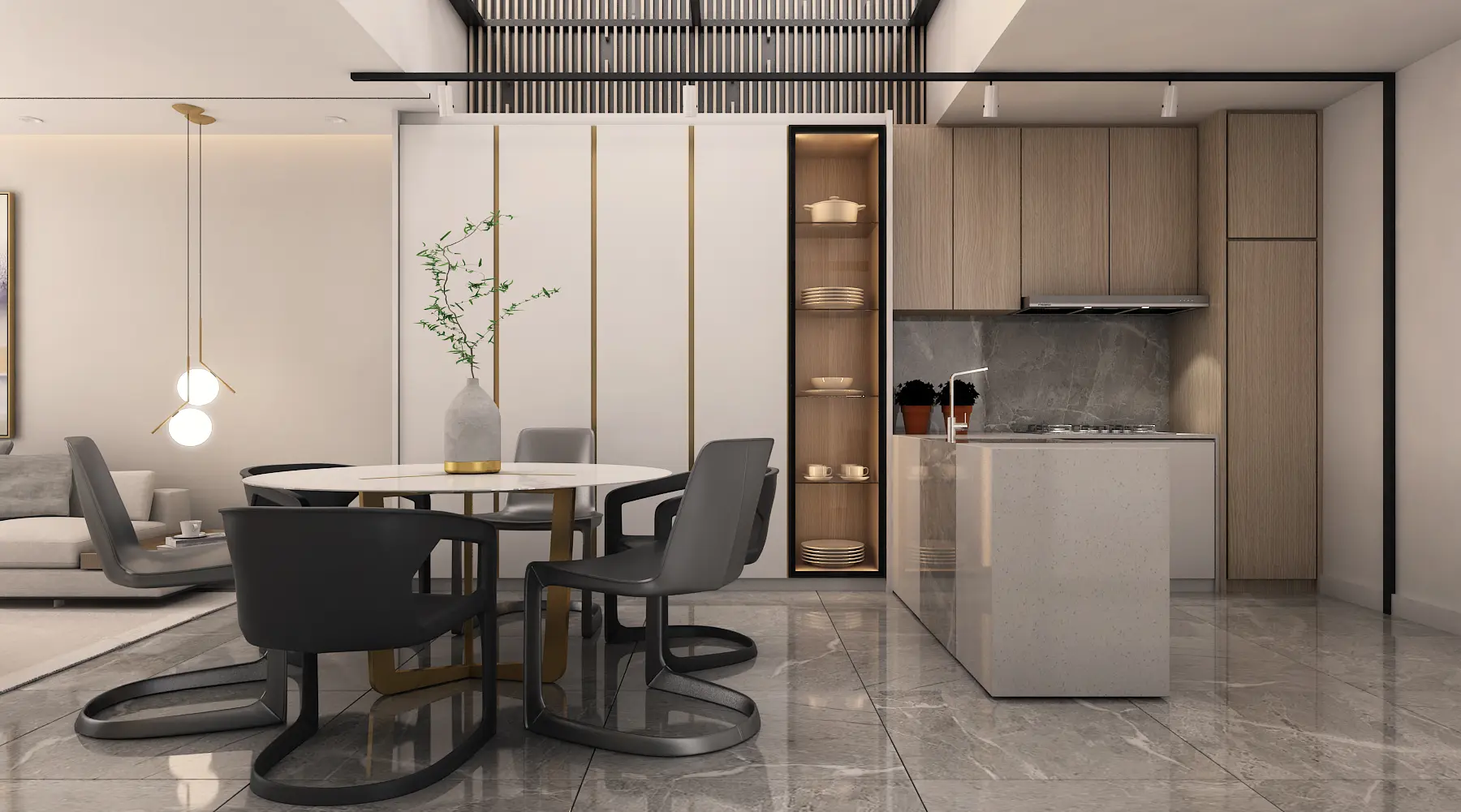 Round marble dining table with black leather chairs beside oak kitchen on grey marble floor
