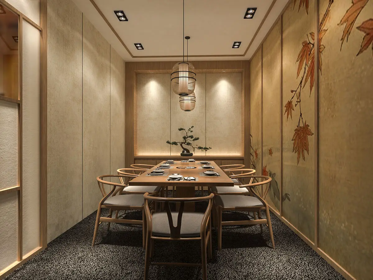Private dining room with painted wall panels, a round table and a lantern