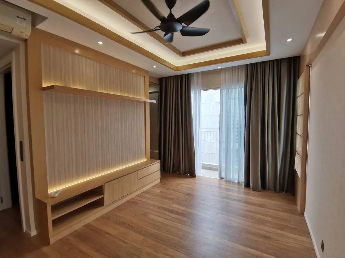 Unfurnished living room with a fluted timber feature wall, cove lighting and wood flooring