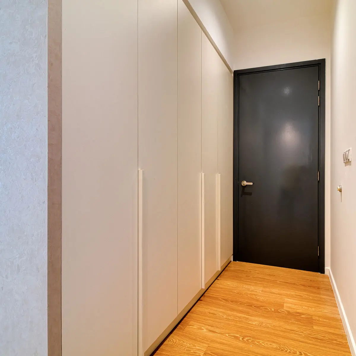 Entry corridor with full-height wardrobes and a dark timber front door