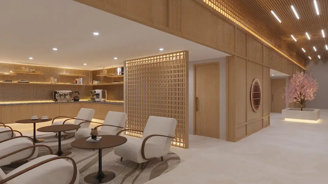Waiting lounge with armchairs, café tables and a timber screen divider