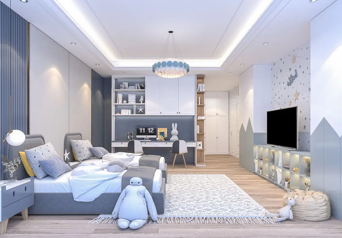 Children's bedroom with a mountain-patterned wall, blue slat panelling and a play-shaped storage unit