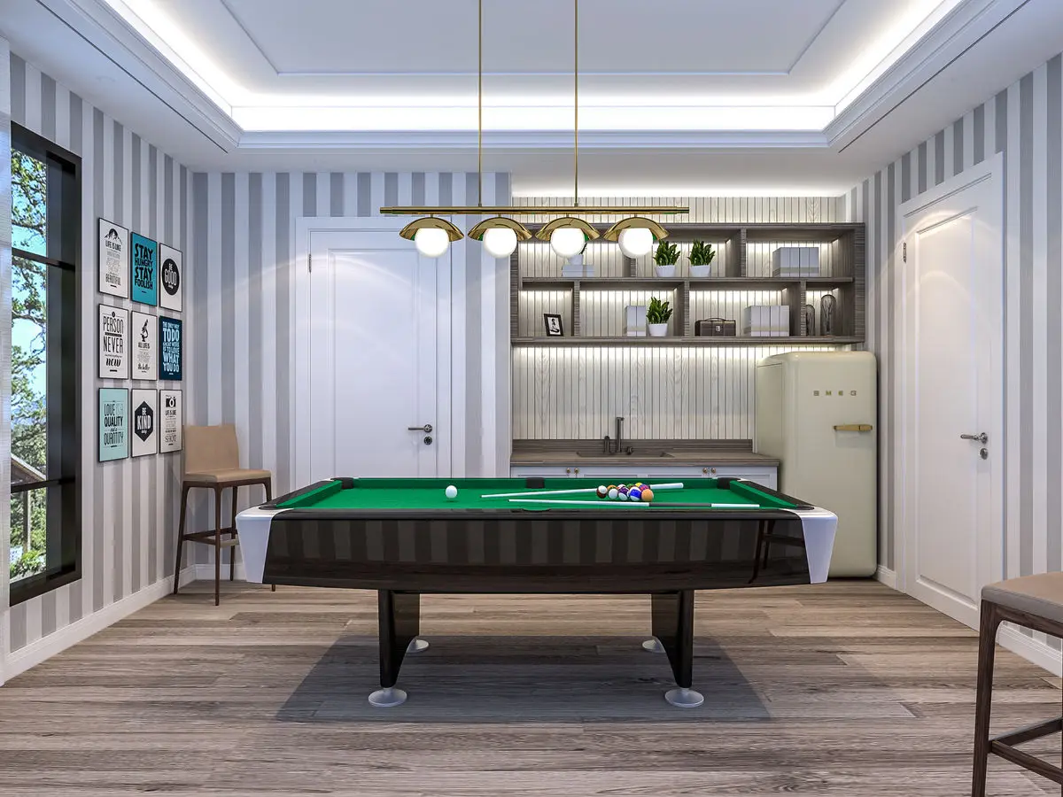Games room with a pool table, striped wallpaper, retro fridge and pendant lighting