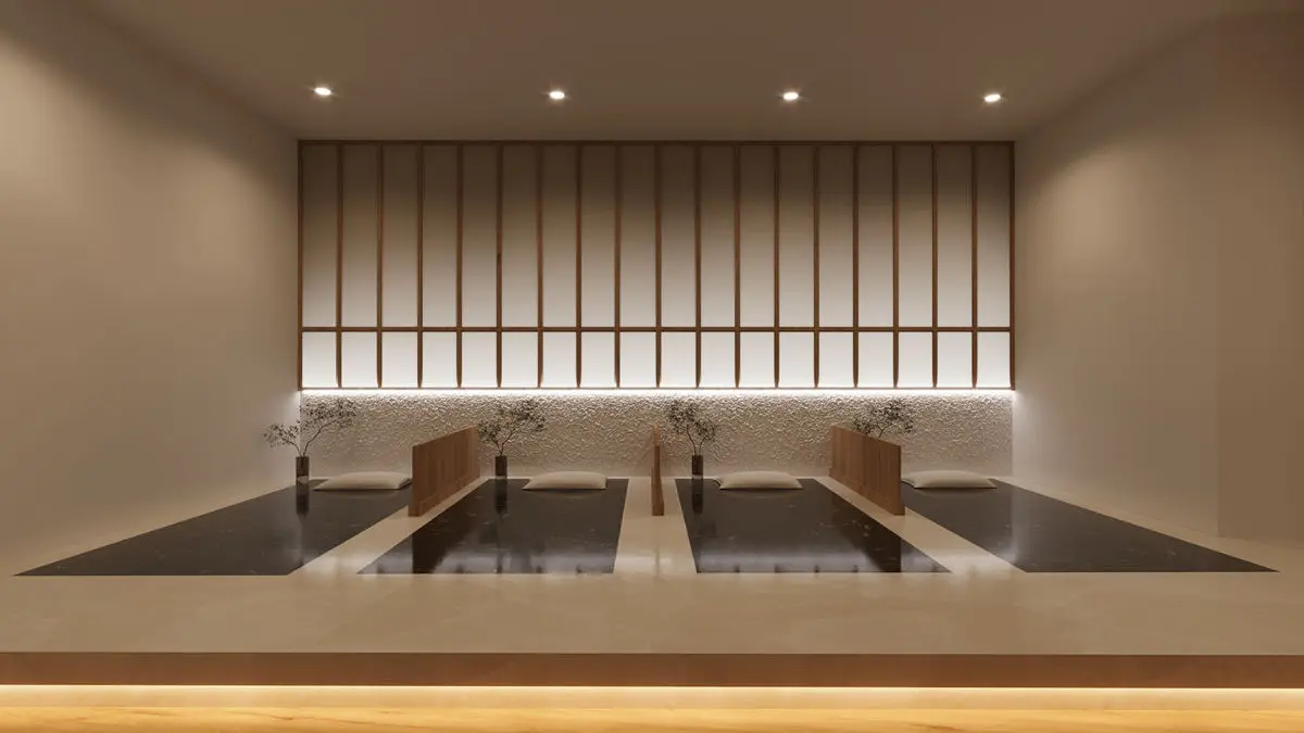 Foot spa area with a sunken basin, timber slat wall and bench seating